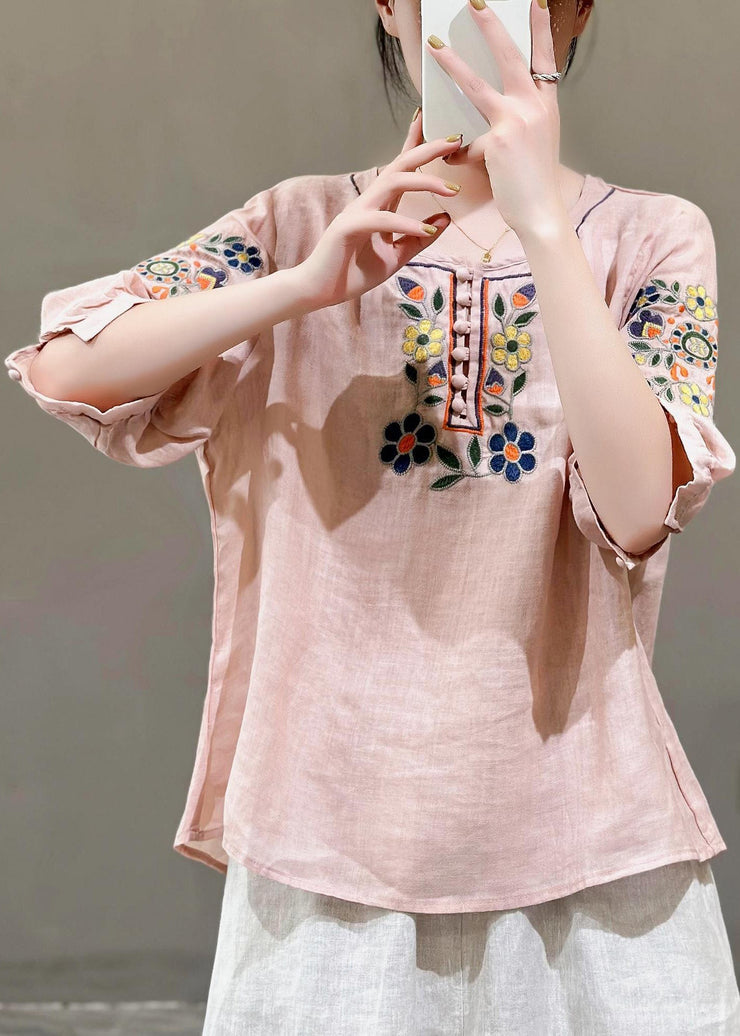 Style Rose O-Neck Embroideried Linen Shirt Tops Summer