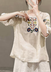 Style Rose O-Neck Embroideried Linen Shirt Tops Summer