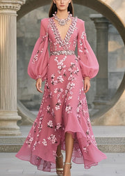 Style Rose V Neck Print Chiffon Long Dresses Lantern Sleeve