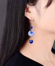 Style Royalblue Metal Jade Synthetic Flower Drop Earrings