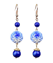 Style Royalblue Metal Jade Synthetic Flower Drop Earrings