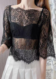 Style Sexy Black Slash Neck Hollow Out Lace Top Summer