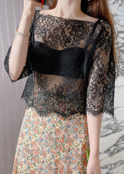 Style Sexy Black Slash Neck Hollow Out Lace Top Summer