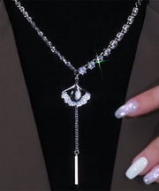 Style Silk Sterling Silver Zircon Ginkgo Leaf Tassel Lariat Necklace