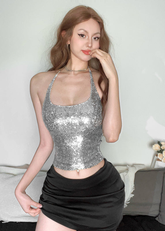 Style Silver Backless Halter Sequins Short Top Sleeveless