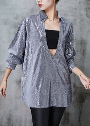 Style Silvery Deep V-neck Sequins Shirt Top Spring