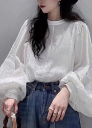 Style Simple White Cotton Shirt Tops Lantern Sleeve