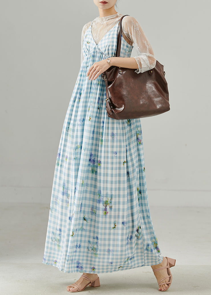 Style Sky Blue Plaid Print Cotton Sundress Summer