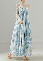 Style Sky Blue Plaid Print Cotton Sundress Summer