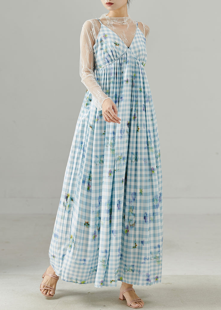 Style Sky Blue Plaid Print Cotton Sundress Summer