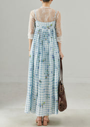 Style Sky Blue Plaid Print Cotton Sundress Summer