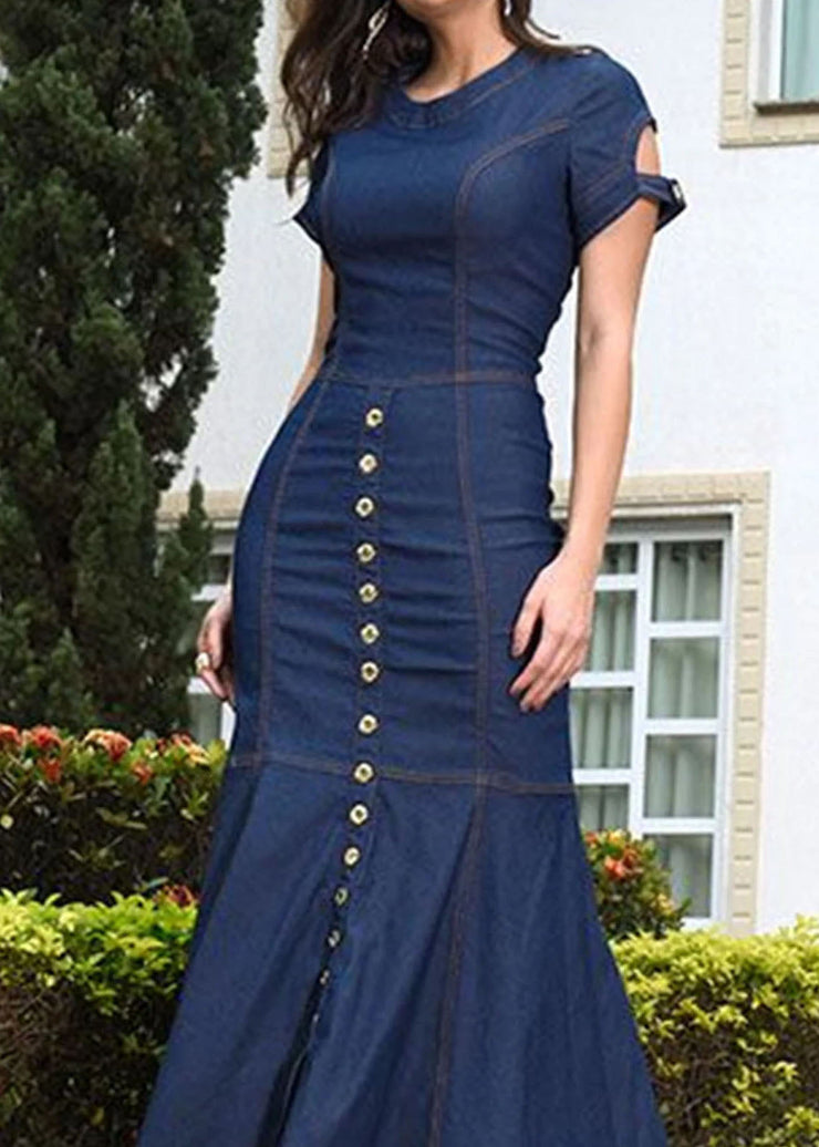 Style Slim Fit Navy O Neck Patchwork Long Denim Dress Summer