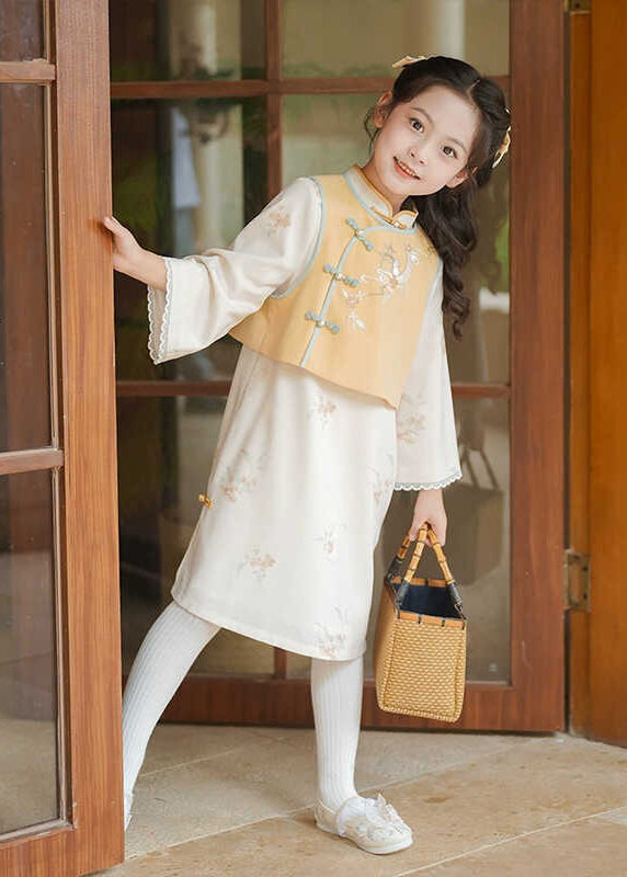 Style Stand Collar Girls Waistcoat And Long Dress Two Piece Set Spring