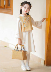 Style Stand Collar Girls Waistcoat And Long Dress Two Piece Set Spring