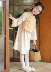 Style Stand Collar Girls Waistcoat And Long Dress Two Piece Set Spring