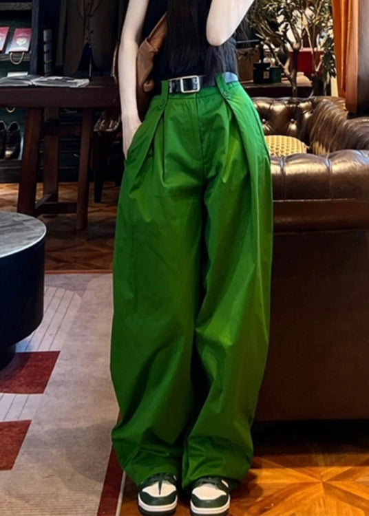 Style Streetwear Green Pockets Cotton Wide Leg Pants Spring