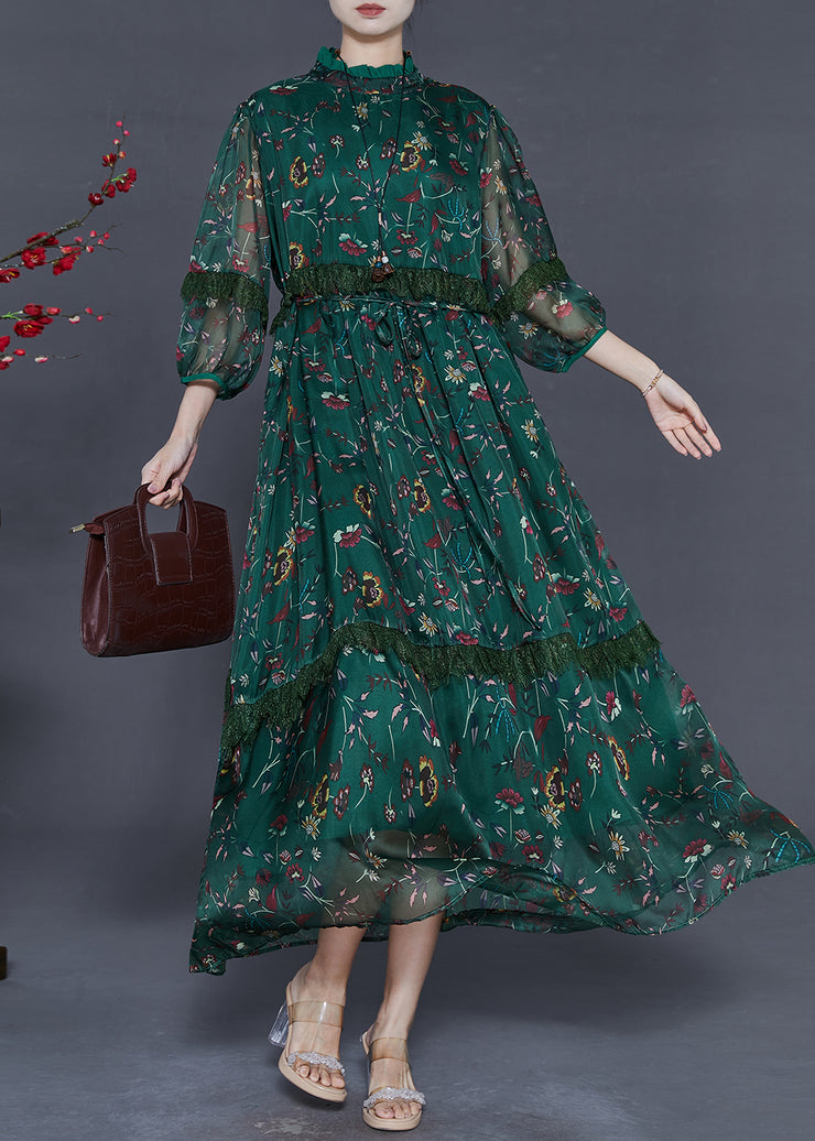 Style Tea Green Print Chiffon Ankle Dress Bracelet Sleeve