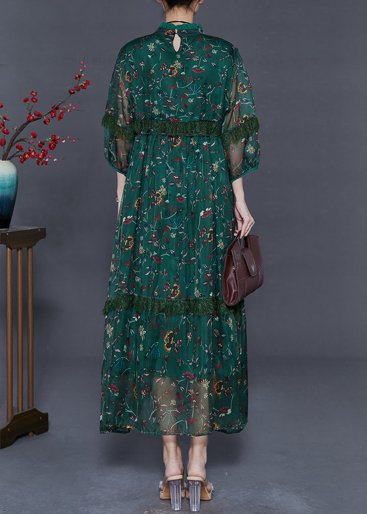 Style Tea Green Print Chiffon Ankle Dress Bracelet Sleeve