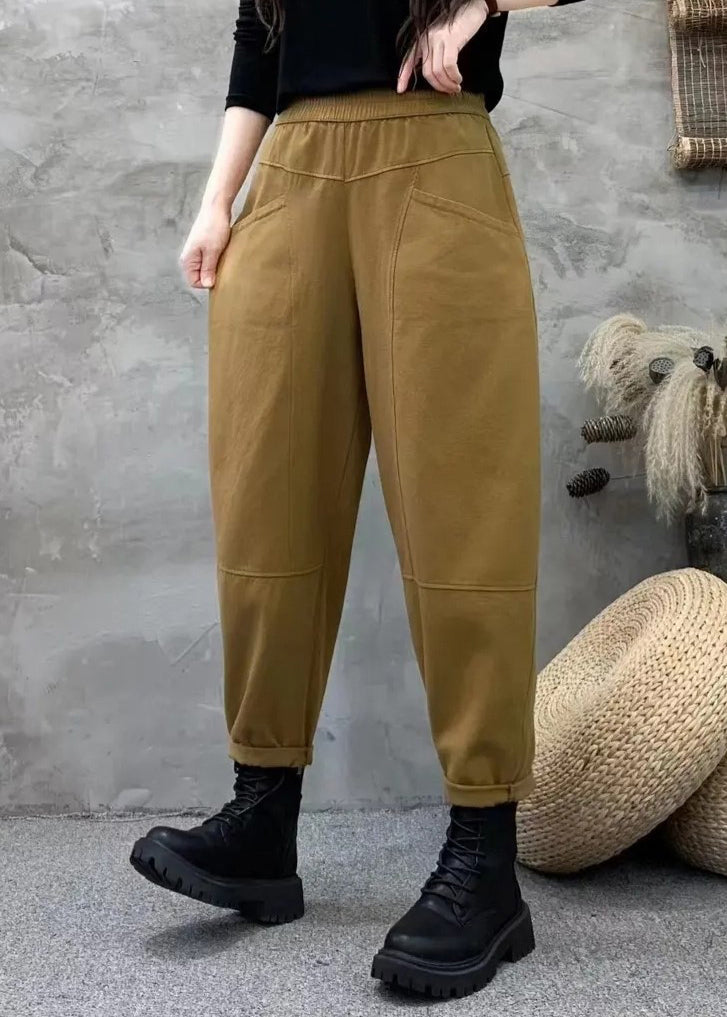 Style Versatile Orange Pockets Elastic Waist Cotton Pants Fall