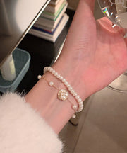 Style White Alloy Pearl Camellia Double Layer Charm Bracelet