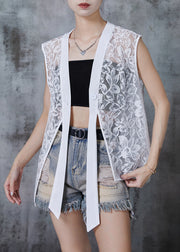 Style White Asymmetrical Hollow Out Lace Tops Sleeveless