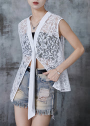 Style White Asymmetrical Hollow Out Lace Tops Sleeveless