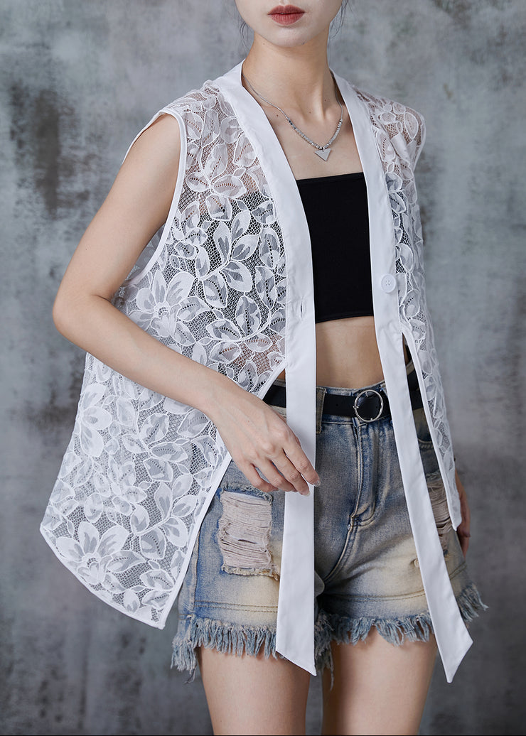 Style White Asymmetrical Hollow Out Lace Tops Sleeveless