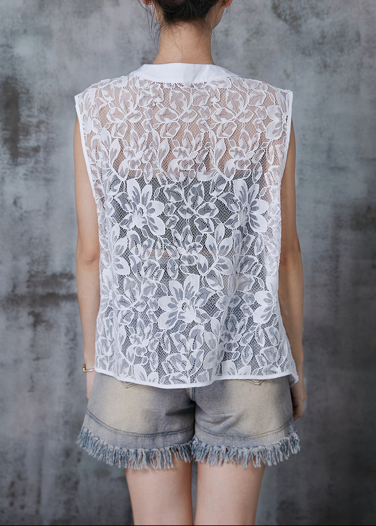 Style White Asymmetrical Hollow Out Lace Tops Sleeveless