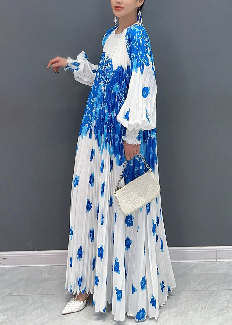 Style White Blue O Neck Print Wrinkled Long Dresses Petal Sleeve