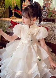 Style White Button Tassel Tulle Kids Maxi Dress Summer