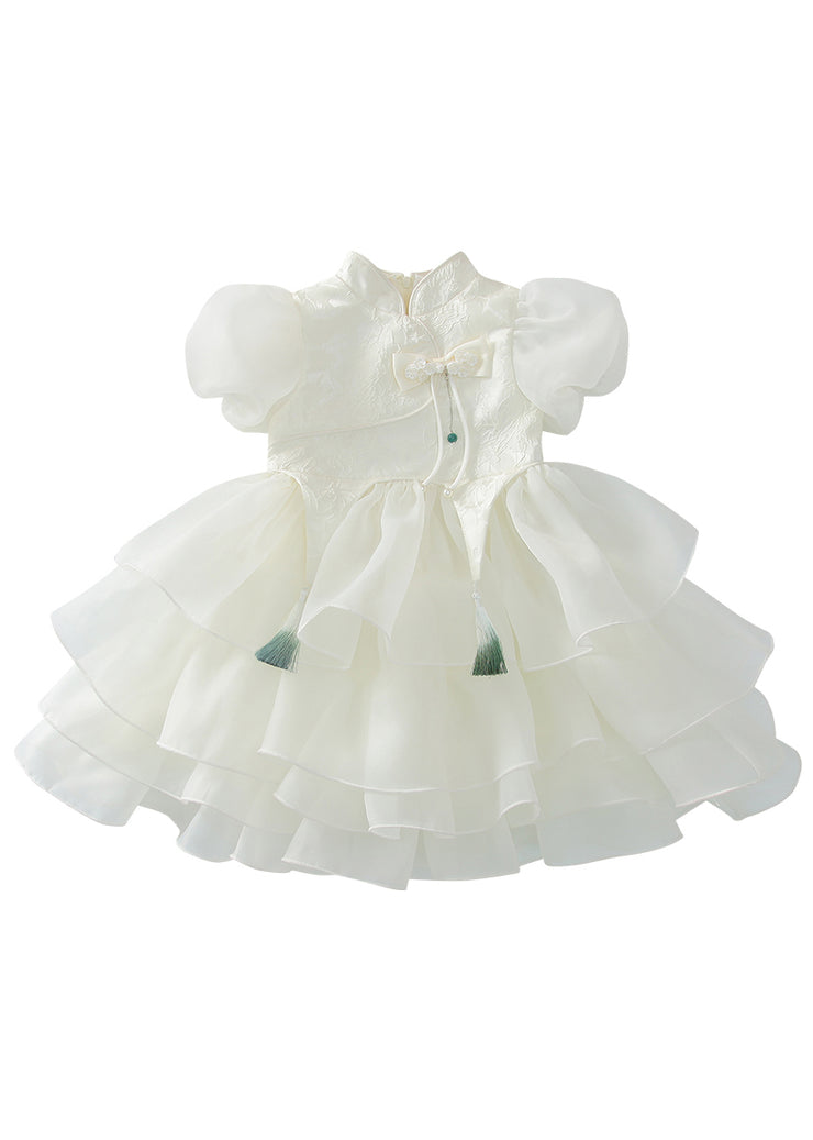 Style White Button Tassel Tulle Kids Maxi Dress Summer