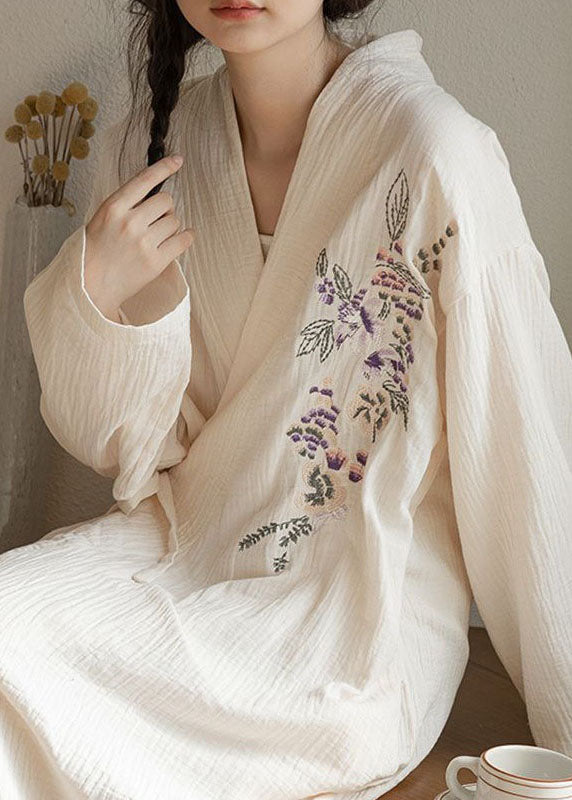 Style White Embroideried Lace Up Patchwork Cotton Dress Long Sleeve