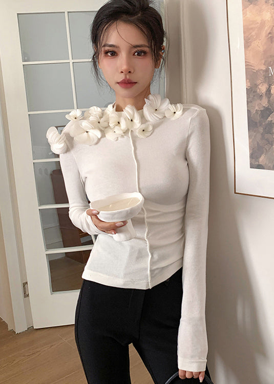 Style White Floral Slim Fit Cotton T Shirt Top Fall