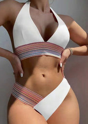 Style White Halter Lace Up Backless Swimwear Set