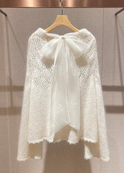 Style White Hollow Out Lace Up Knit Sweaters Spring