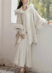 Style White Hooded Fur Patchwork Mink Hair Knitted Cardigan Fall