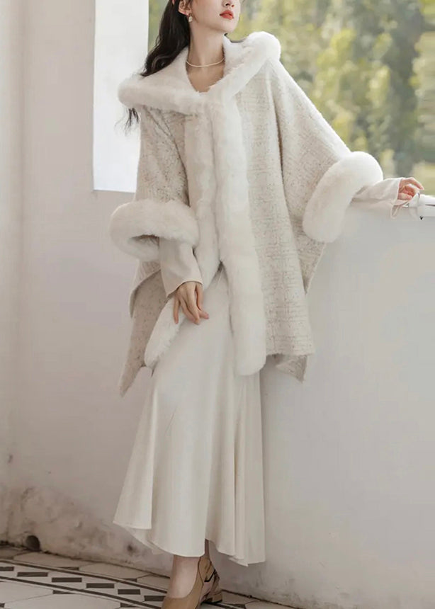 Style White Hooded Fur Patchwork Mink Hair Knitted Cardigan Fall