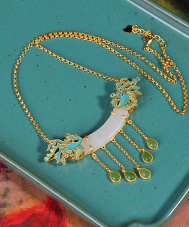 Style White Jade Enamel Phoenix Lariat Necklace