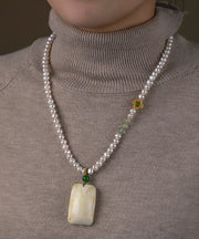 Style White Jade Pearl Grape Stone Orchid Pendant Necklace