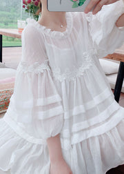 Style White Lace Ruffled Patchwork Cotton Blouses Lantern Sleeve