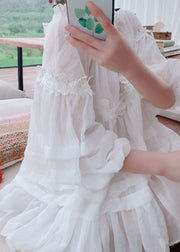 Style White Lace Ruffled Patchwork Cotton Blouses Lantern Sleeve