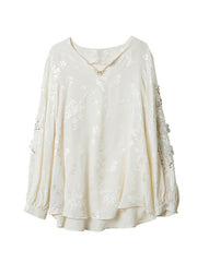 Style White Nail Bead Jacquard Chiffon Blouses Spring