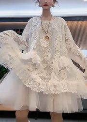 Style White O Neck Floral Tulle Patchwork Lace Dresses Spring