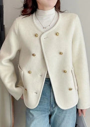 Style White O Neck Pockets Double Breast Woolen Coat Winter