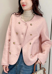 Style White O Neck Pockets Double Breast Woolen Coat Winter