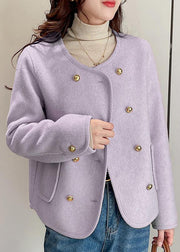 Style White O Neck Pockets Double Breast Woolen Coat Winter