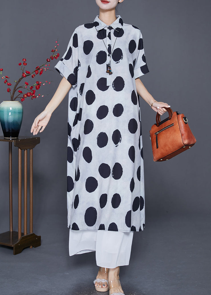 Style White Oversized Dot Print Silk Shirt Dress Summer