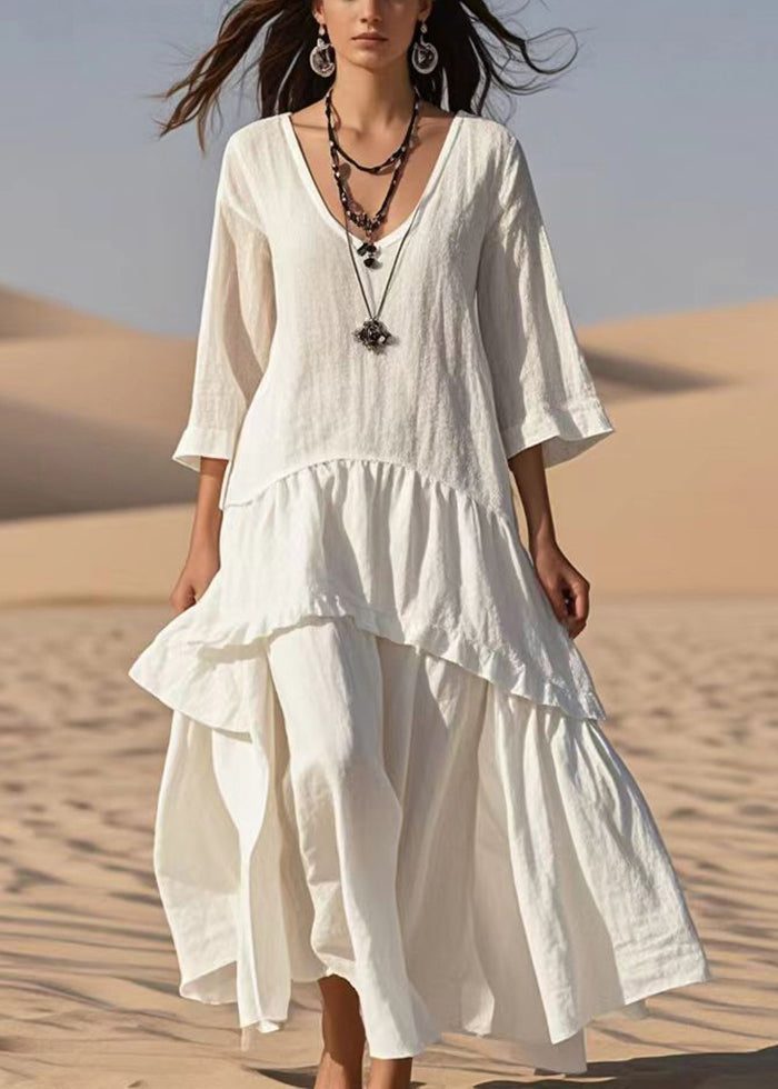 Style White Oversized Patchwork Cotton Maxi Dresses Bracelet Sleeve