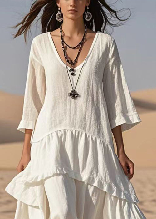 Style White Oversized Patchwork Cotton Maxi Dresses Bracelet Sleeve