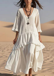 Style White Oversized Patchwork Cotton Maxi Dresses Bracelet Sleeve